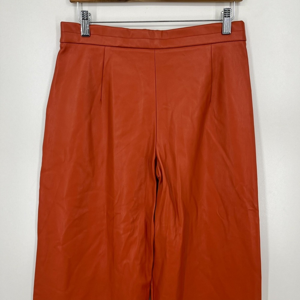 Zara Trafaluc Faux‎ Leather Pants Women's M Orange Side Zip Biker Wide Leg Crop - Picture 6 of 8